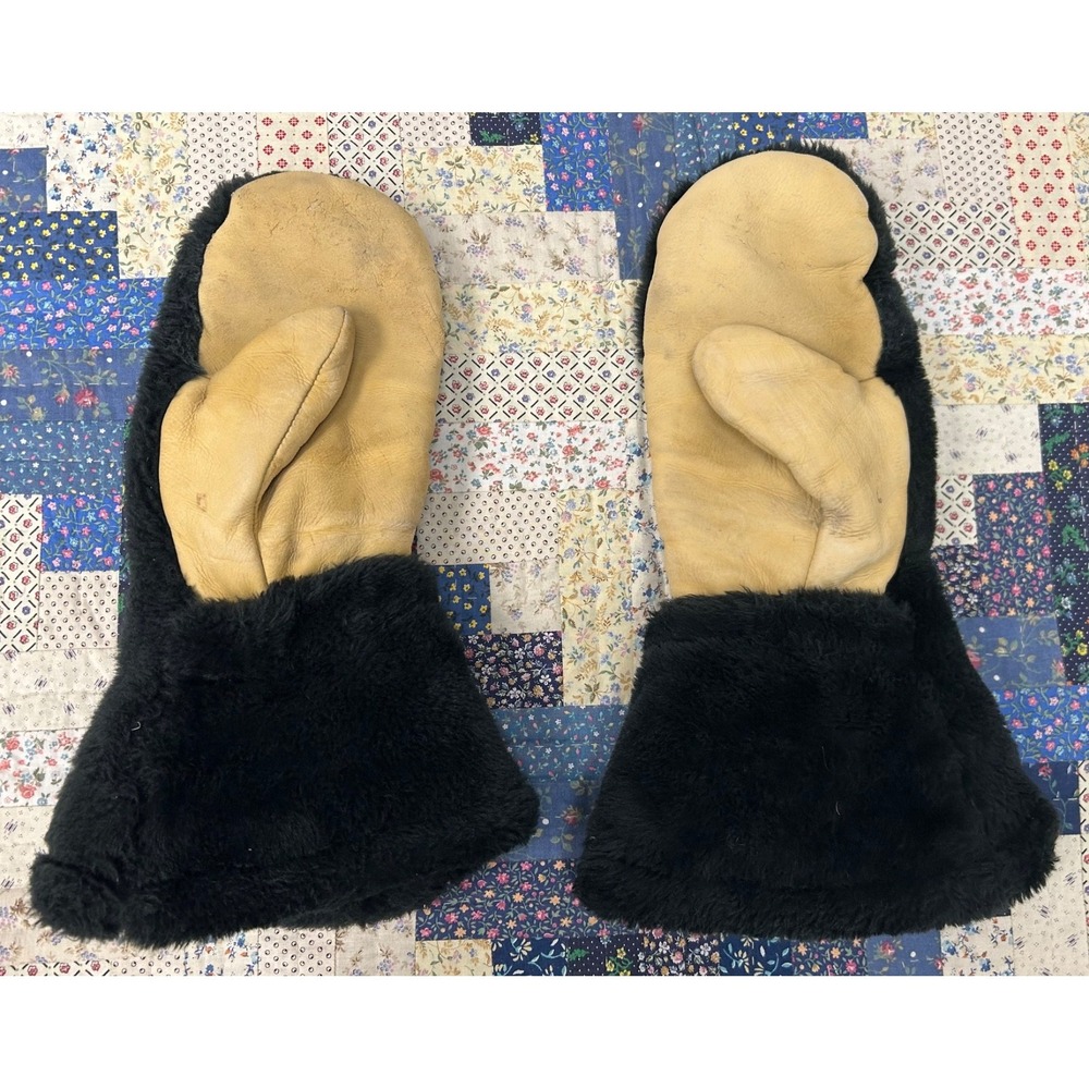 Vintage Uber Black & Brown Faux Fur Real Leather Palm Chopper-Style Mittens
